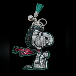 Rhinestone Snoopy Bag Charm Keychain with Red Scarf